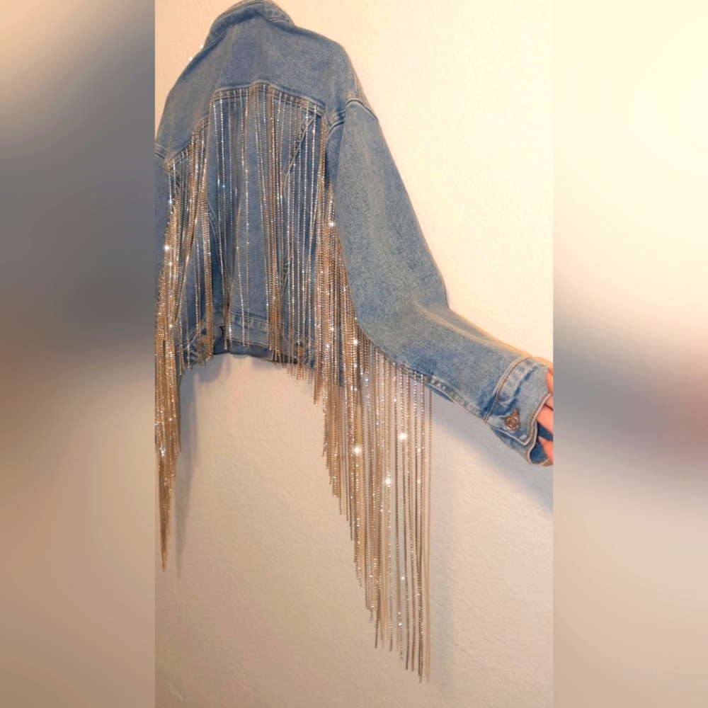 Jean long gem fringe jacket